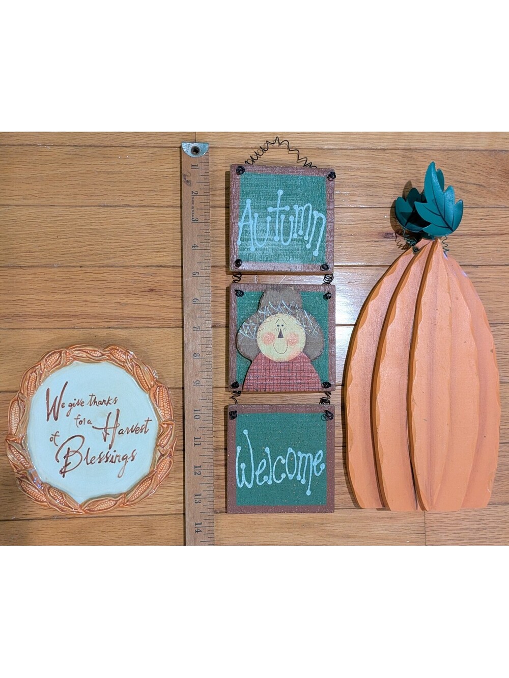 Fall Decor Bundle, 3 item lot:  Harvest & Autumn Hangers, Wooden Pumpkin